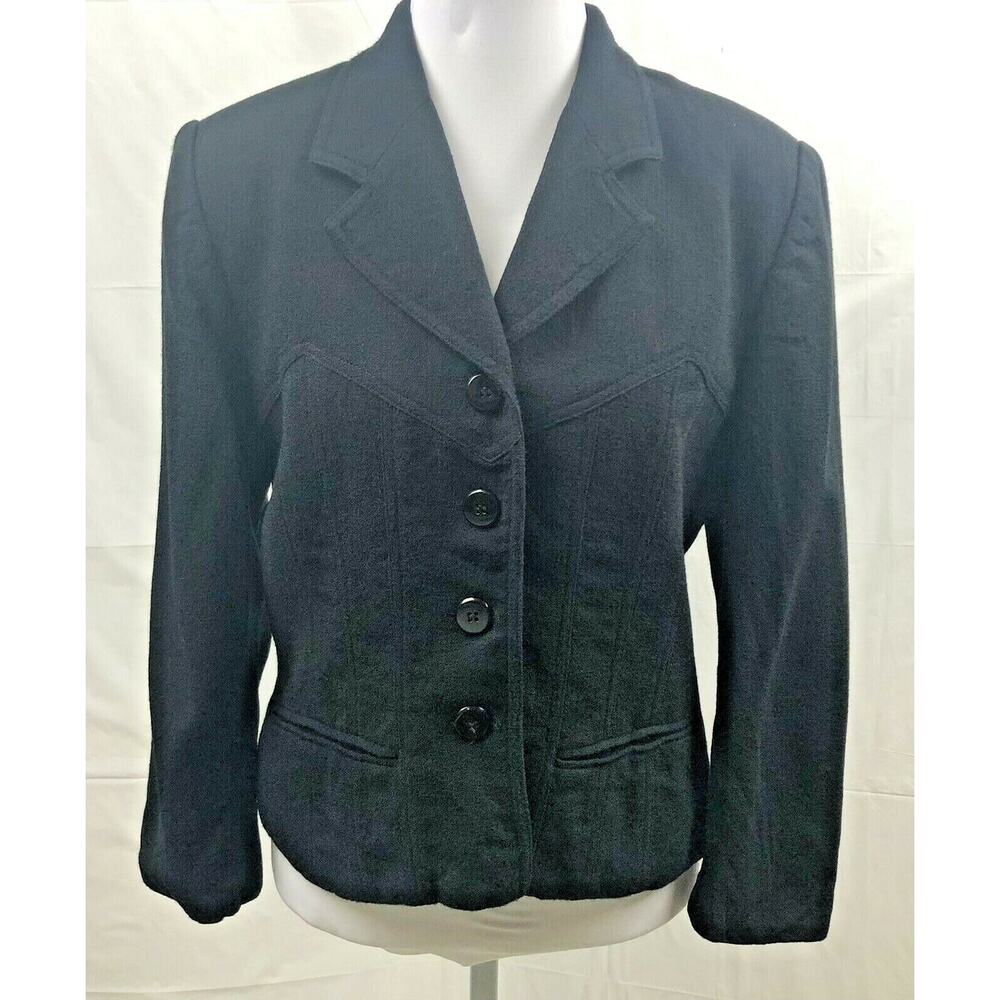 Sunny Names Blazer Women Petite 12P Black 100% Wool 4-Button Coat Jacket Lined